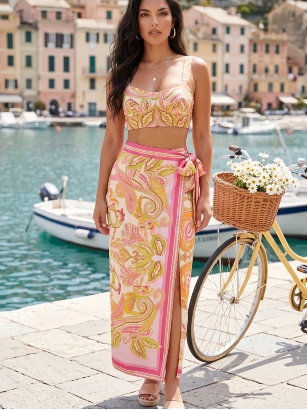 ANTONIO MELANI Pink and Yellow Paisley Scarf Wrap maxi skirt - Picture 1 of 9